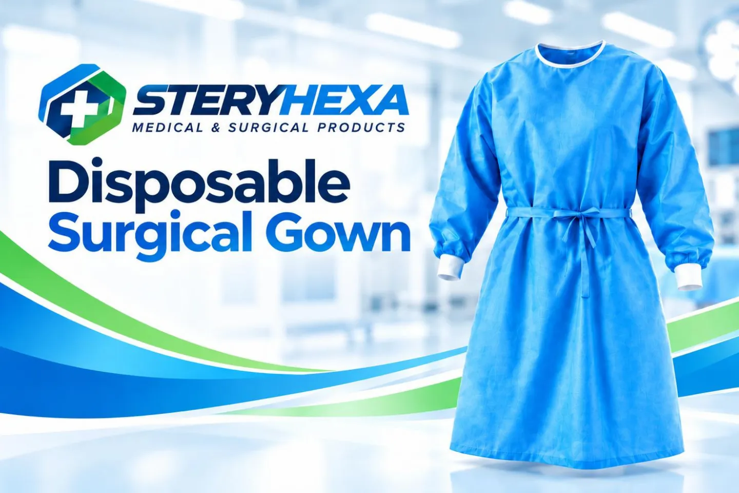 A blue disposable surgical gown with long sleeves and a tie waist, displayed next to the Steryhexa Medical & Surgical Products logo and the text “Disposable Surgical Gown.”