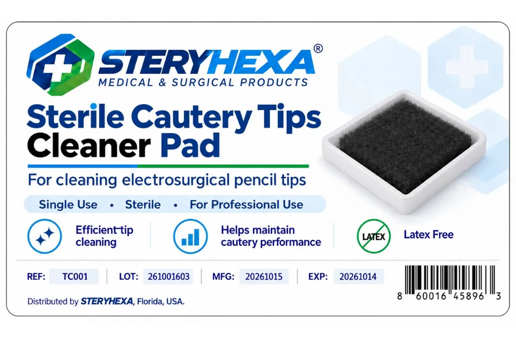 Product label for Steryhexa sterile cautery tip cleaner pad, featuring a square cleaning pad and specifications including lot, manufacturing, and expiration dates.