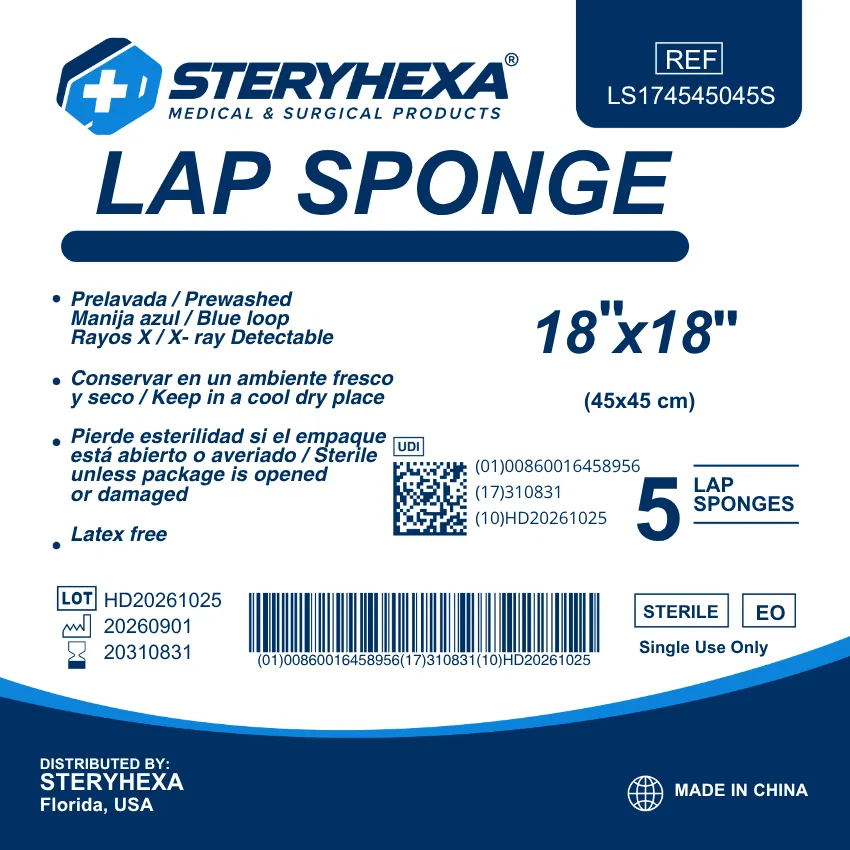 Product label for Steryhexa 18″x18″ prewashed, X-ray detectable lap sponges, including a reference number, lot number, expiration date, barcode, and UDI QR code.