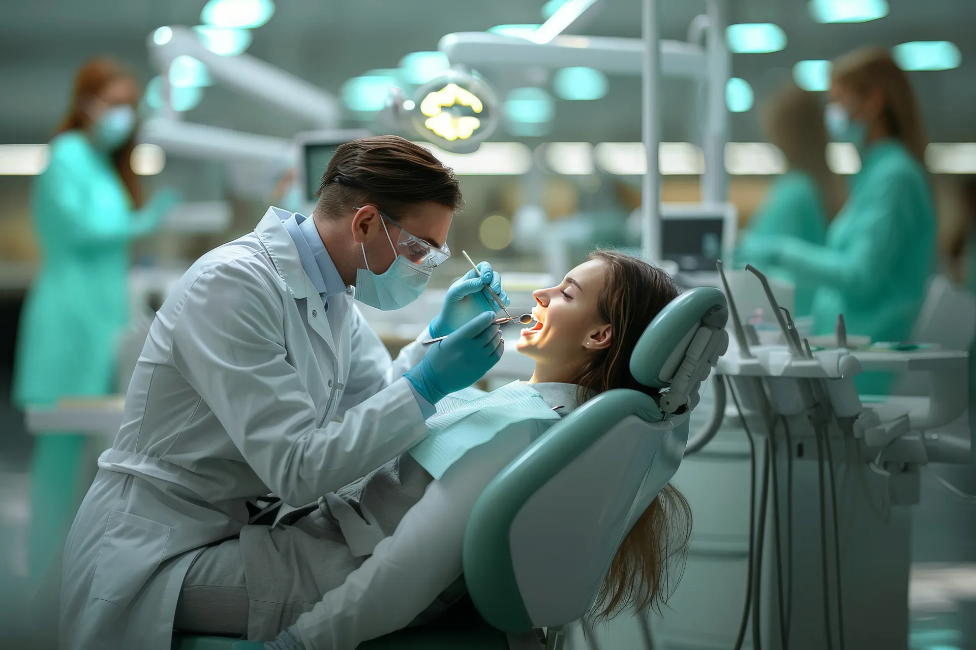 A dentist in scrubs and a mask examines a patient’s teeth in a dental chair.