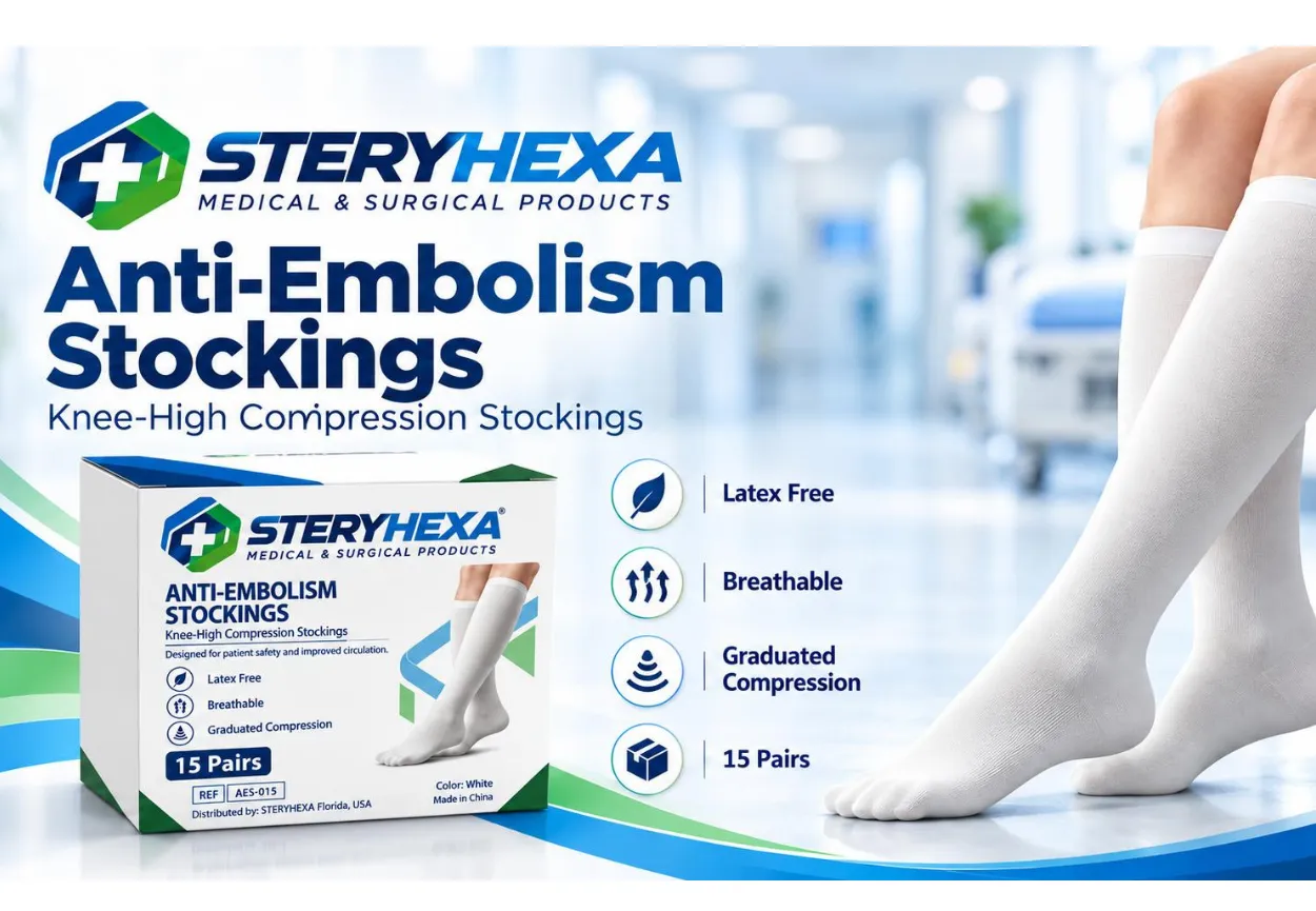 SteryHexa white knee-high anti-embolism compression stockings, shown as a pair worn on legs and in a box of 15 pairs, labeled as latex-free, breathable, and offering graduated compression.