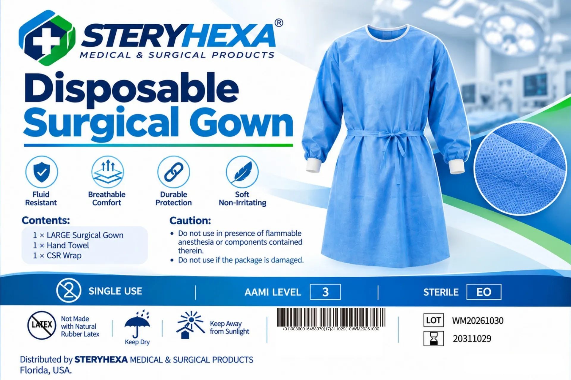 Steryhexa disposable surgical gown packaging showing product features, contents, instructions, and safety icons.
